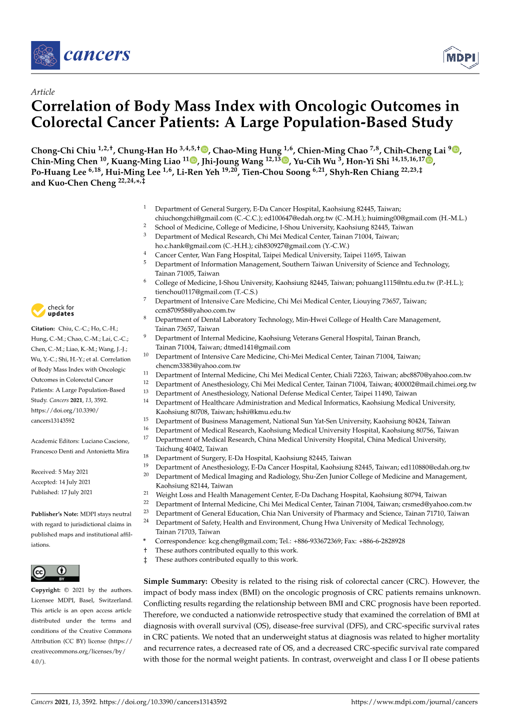 Correlation of Body Mass Index with Oncologic Outcomes in Colorectal Cancer Patients: a Large Population-Based Study