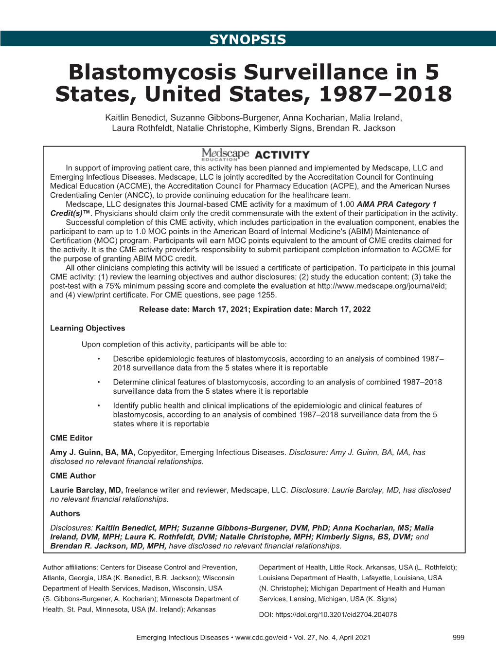 Blastomycosis Surveillance in 5 States, United States, 1987–2018