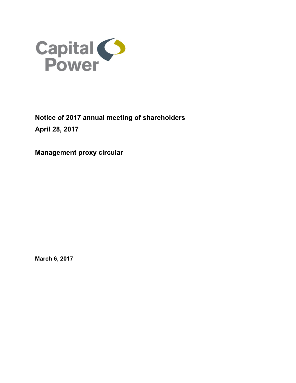 Notice of 2017 Annual Meeting of Shareholders April 28, 2017