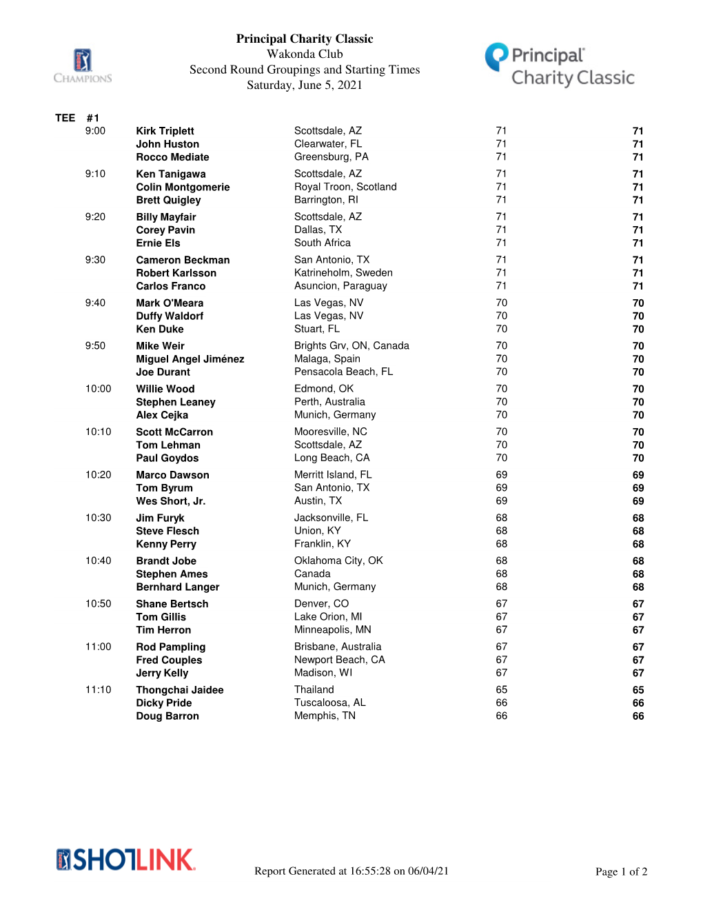 Principal Charity Classic Wakonda Club Second Round Groupings and Starting Times Saturday, June 5, 2021