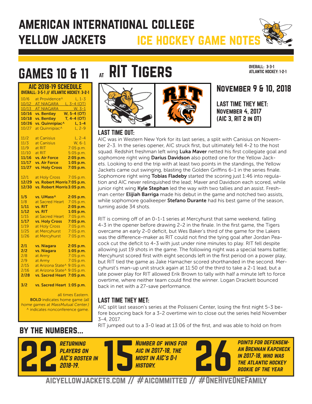 American International College Yellow Jackets Ice Hockey Game Notes