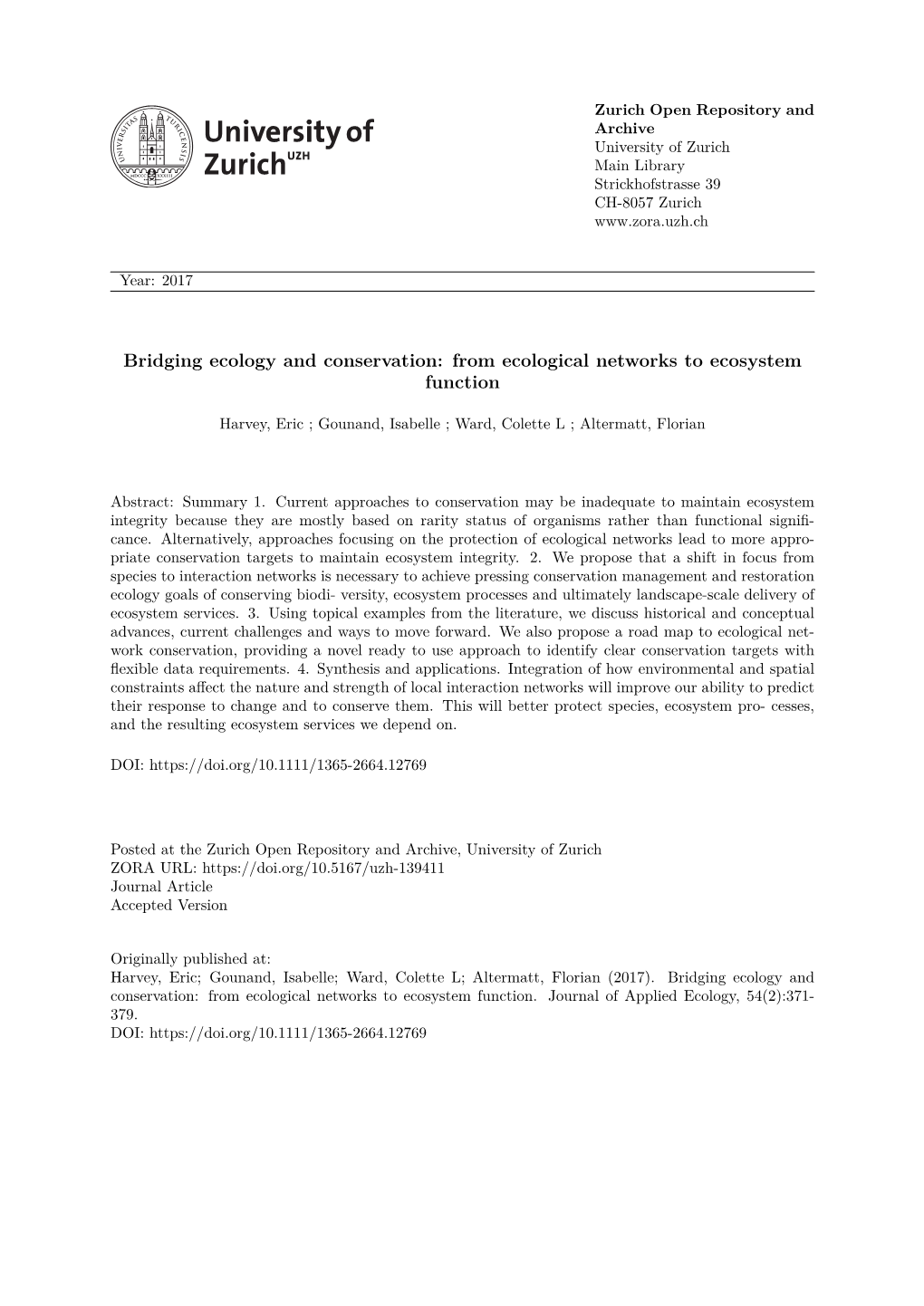 Bridging Ecology and Conservation: from Ecological Networks to Ecosystem Function