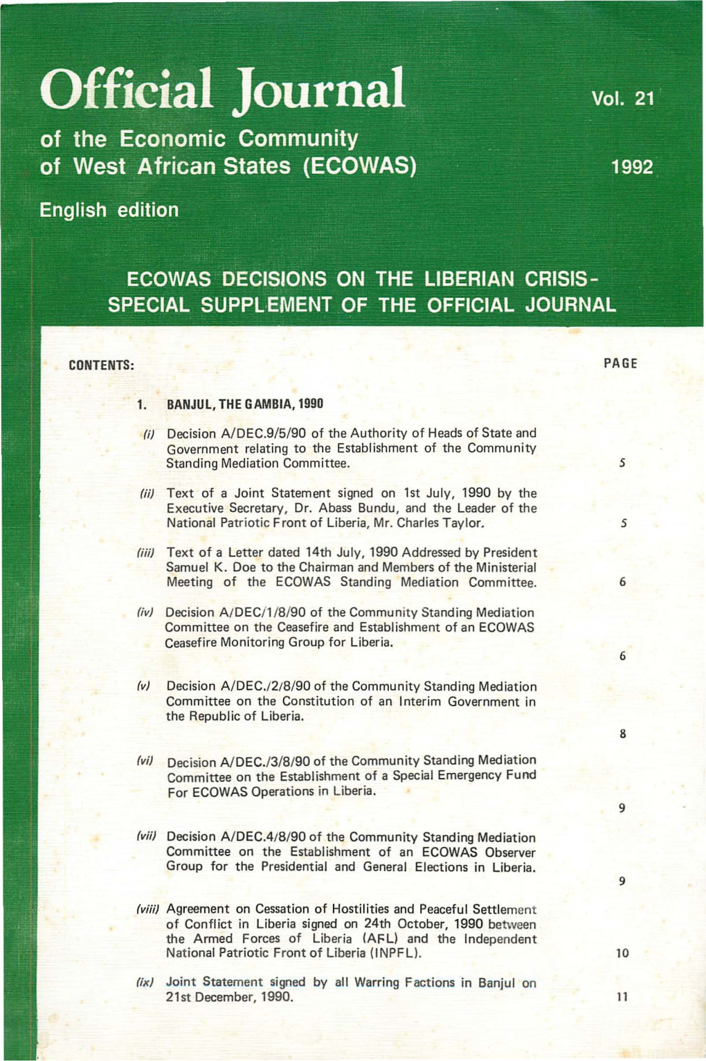 CONTENTS: PAGE 1. BANJUL, the GAMBIA, 1990 Decision A/DEC.9/5