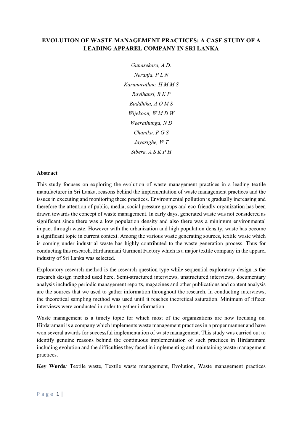 Page 1 | EVOLUTION of WASTE MANAGEMENT PRACTICES: a CASE STUDY of a LEADING APPAREL COMPANY in SRI LANKA