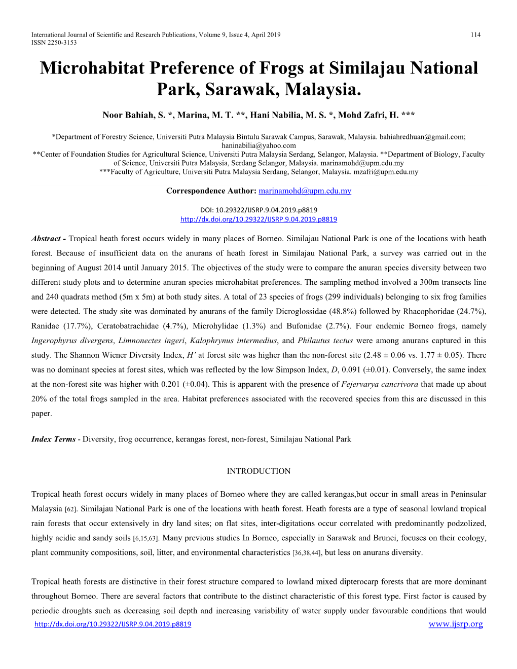 Microhabitat Preference of Frogs at Similajau National Park, Sarawak, Malaysia