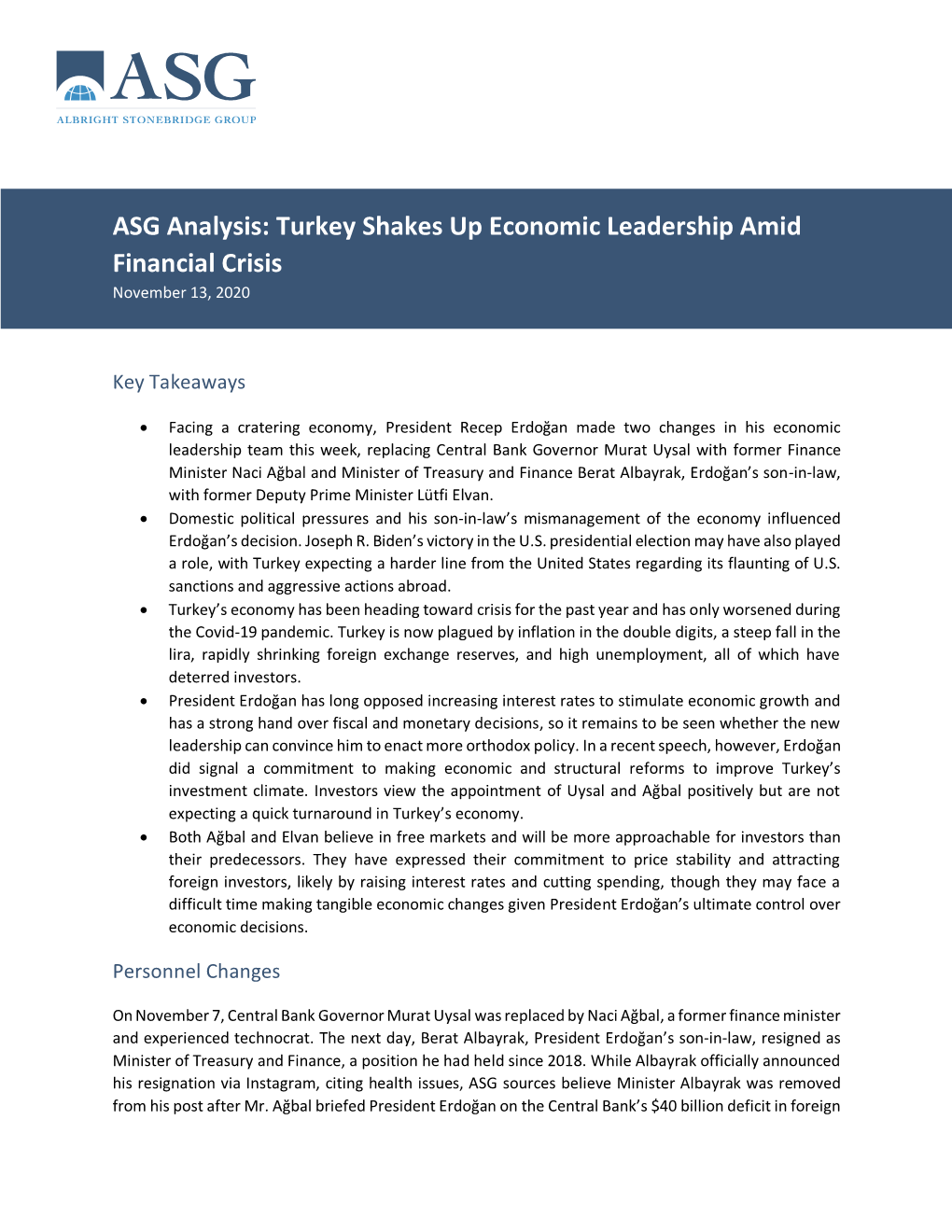 ASG Analysis: Turkey Shakes up Economic Leadership Amid Financial Crisis November 13, 2020