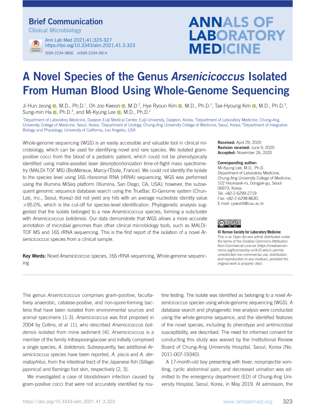 A Novel Species of the Genus Arsenicicoccus Isolated from Human Blood Using Whole-Genome Sequencing