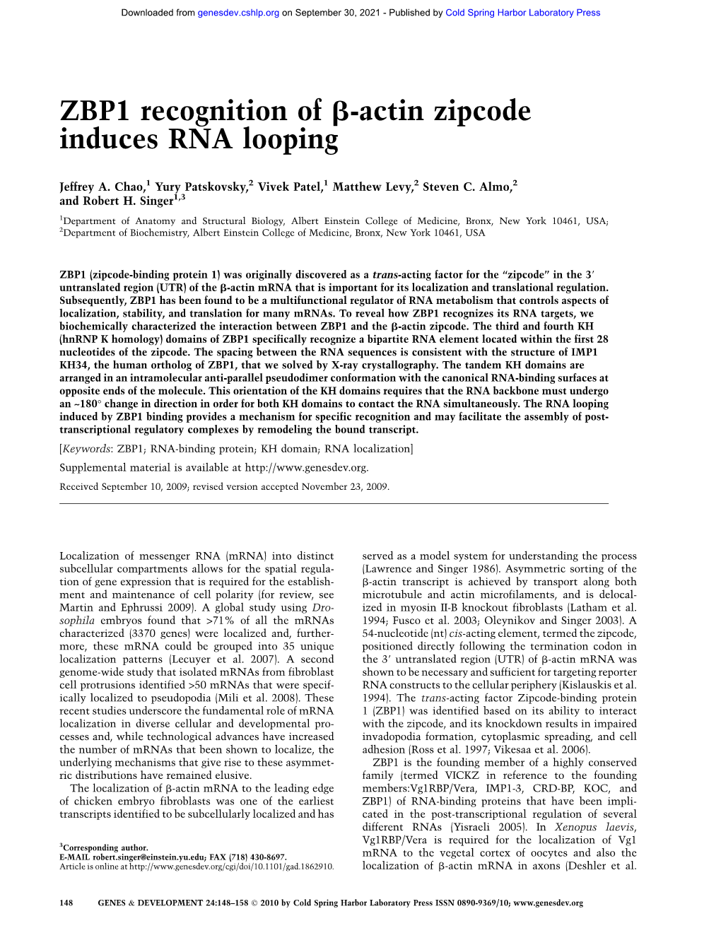 ZBP1 Recognition of B-Actin Zipcode Induces RNA Looping