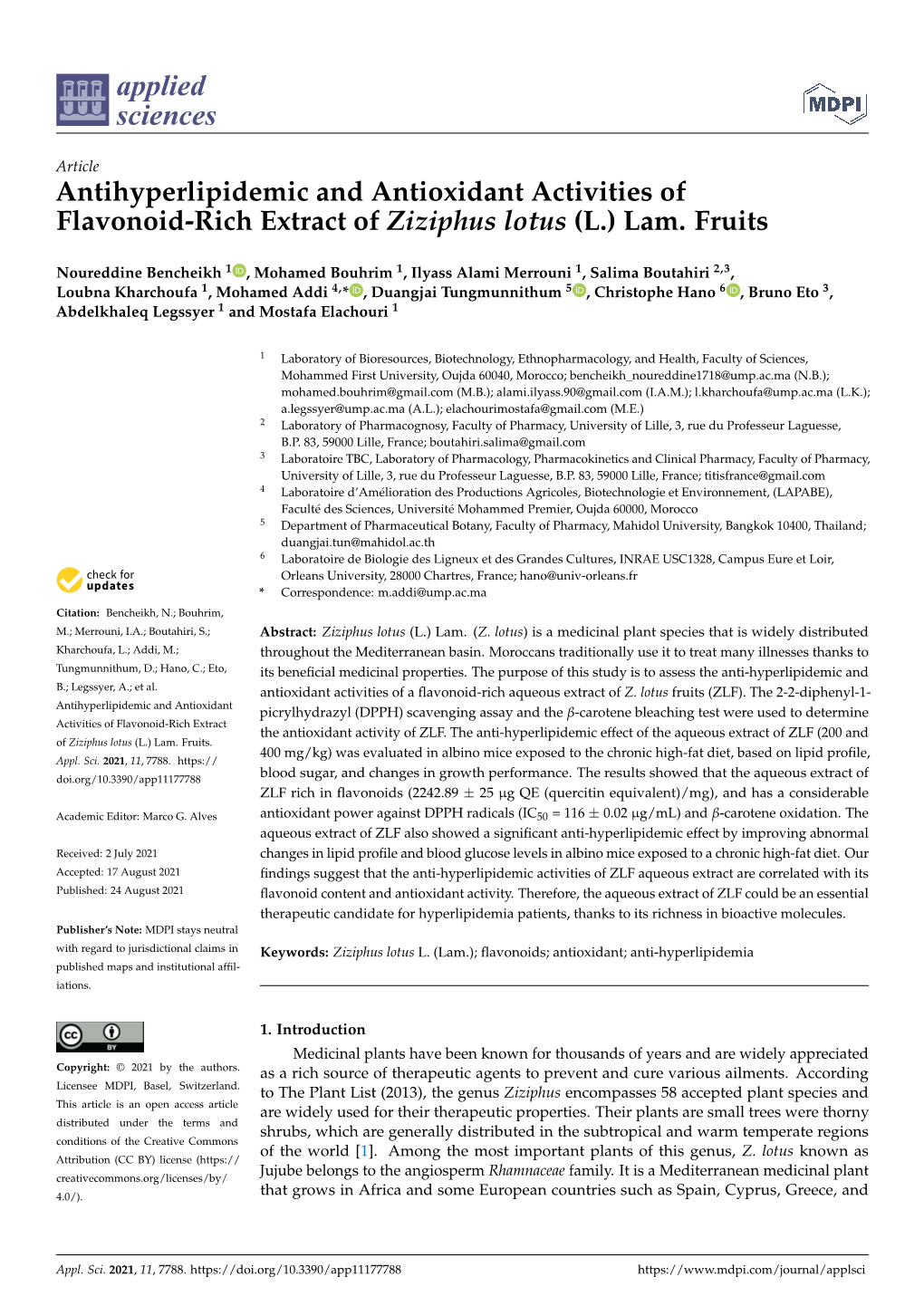 Antihyperlipidemic and Antioxidant Activities of Flavonoid-Rich Extract of Ziziphus Lotus (L.) Lam