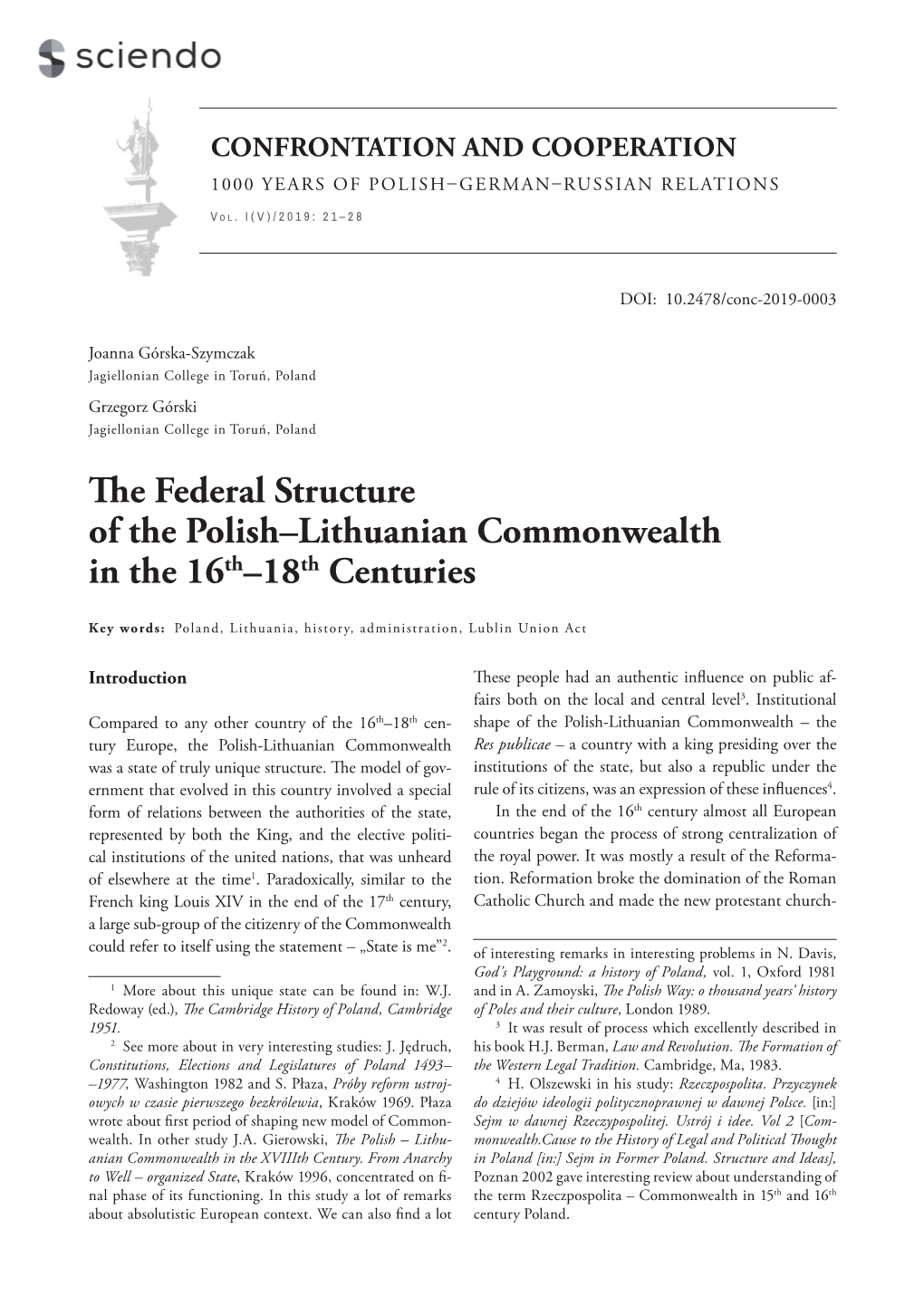 The Federal Structure of the Polish–Lithuanian Commonwealth in the 16Th–18Th Centuries