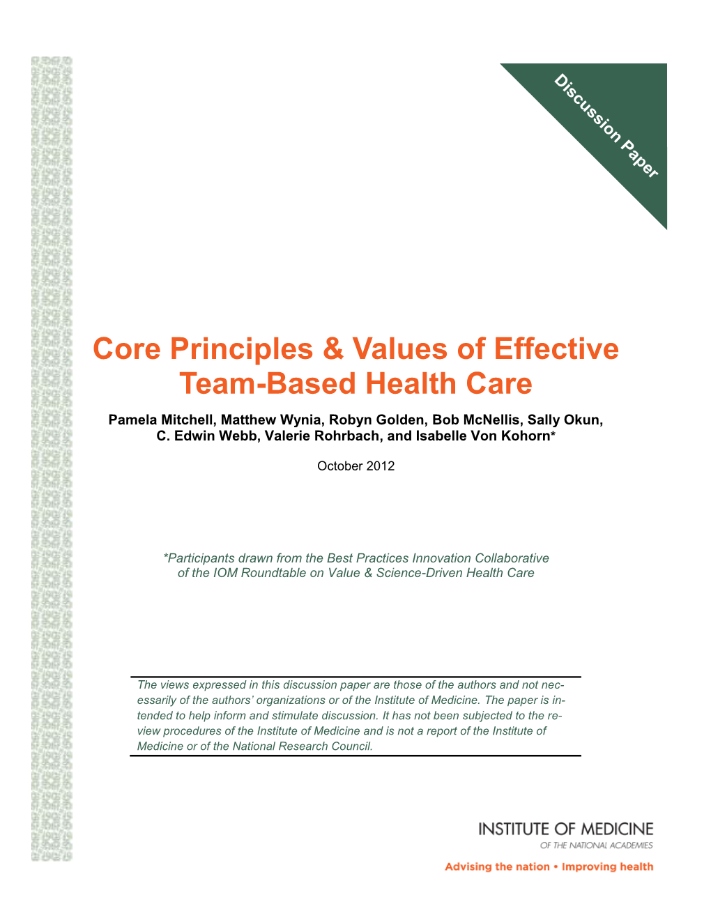 Core Principles & Values of Effective Team-Based Health Care