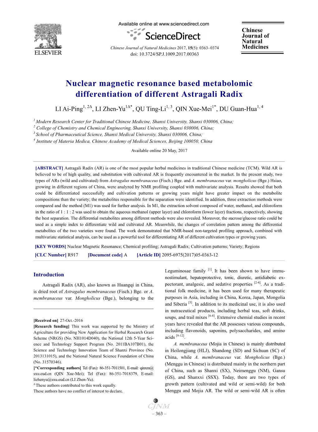Nuclear Magnetic Resonance Based Metabolomic Differentiation of Different Astragali Radix