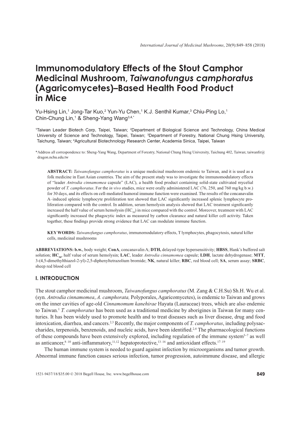 Immunomodulatory Effects of the Stout Camphor Medicinal Mushroom, Taiwanofungus Camphoratus (Agaricomycetes)–Based Health Food Product in Mice