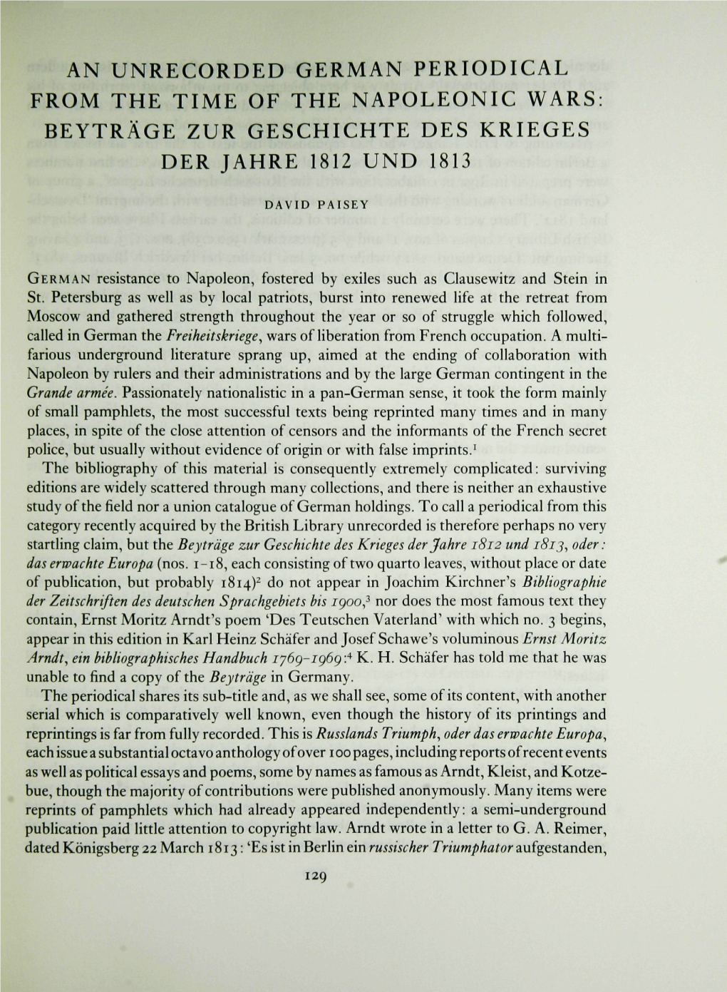 An Unrecorded German Periodical from the Time of the Napoleonic Wars Beytrage Zur Geschichte Des Krieges Der Jahre 1812 Und 1813