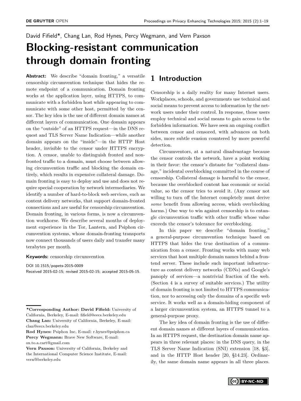 Blocking-Resistant Communication Through Domain Fronting