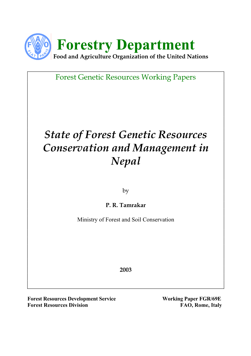 Forestry Department Food and Agriculture Organization of the United Nations