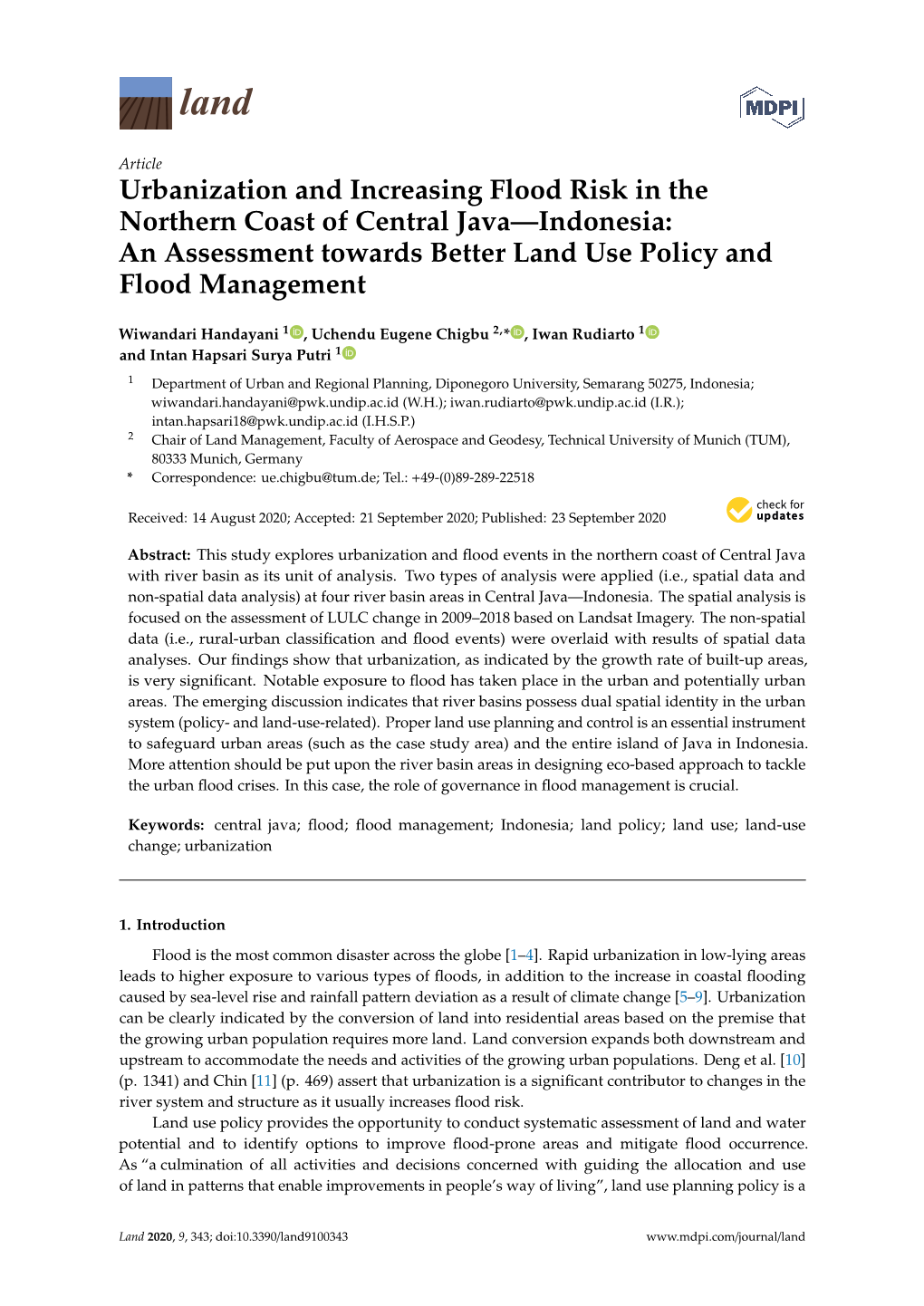 Urbanization and Increasing Flood Risk in the Northern Coast of Central Java—Indonesia: an Assessment Towards Better Land Use Policy and Flood Management