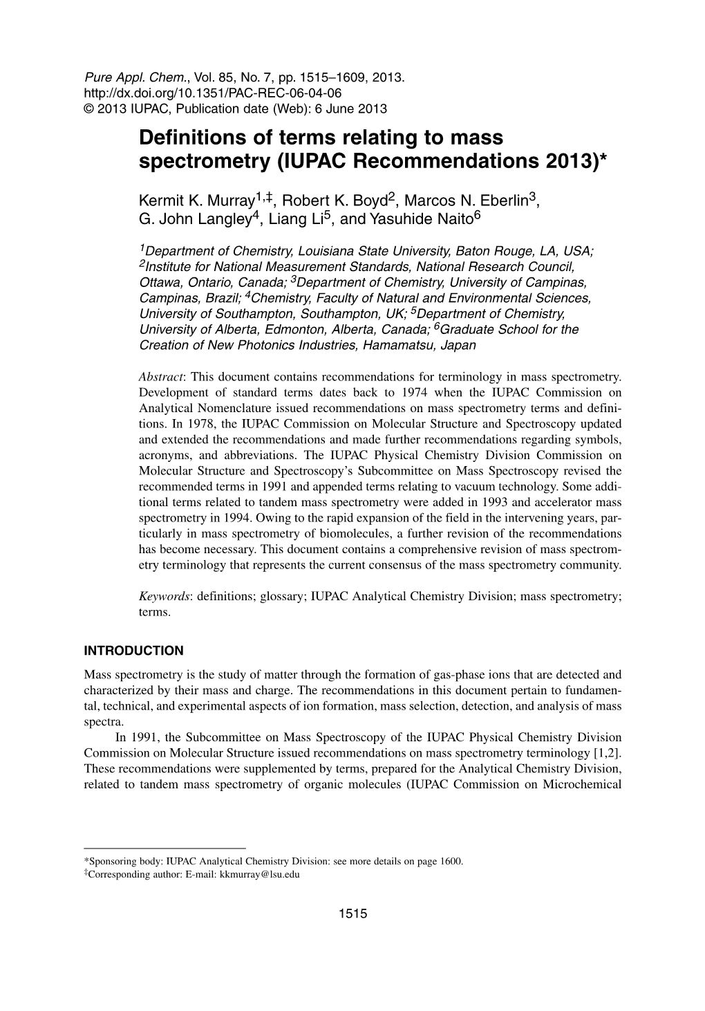 Definitions of Terms Relating to Mass Spectrometry (IUPAC Recommendations 2013)*