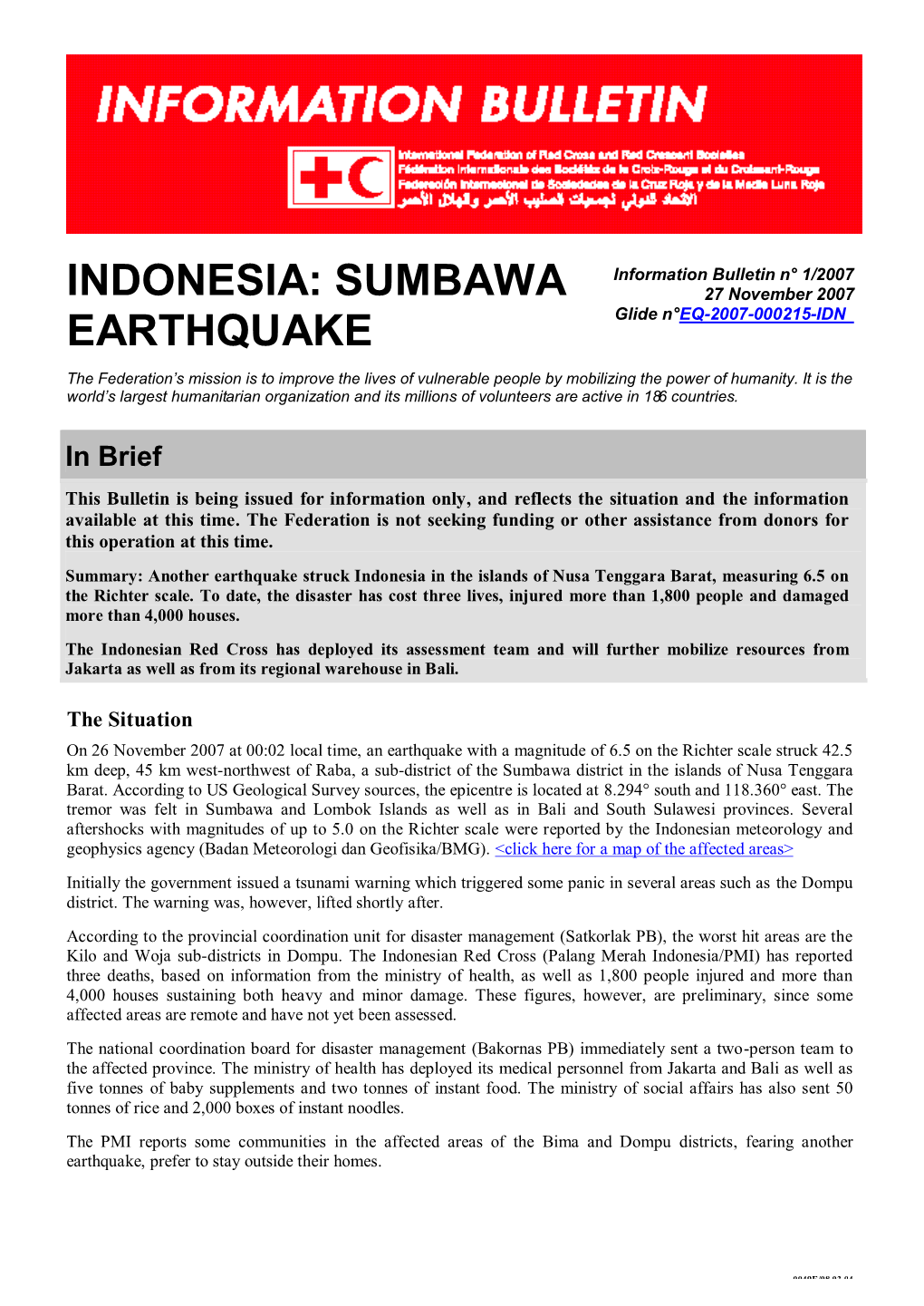 Indonesia: Sumbawa Earthquake; Information Bulletin No