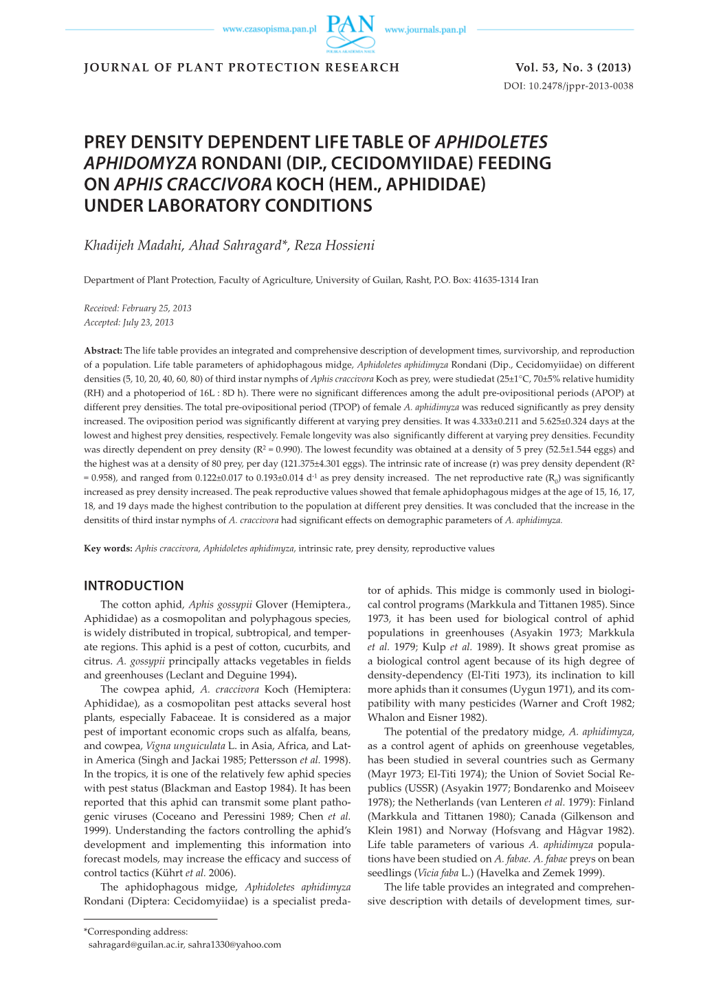 Prey Density Dependent Life Table of Aphidoletes Aphidomyza Rondani