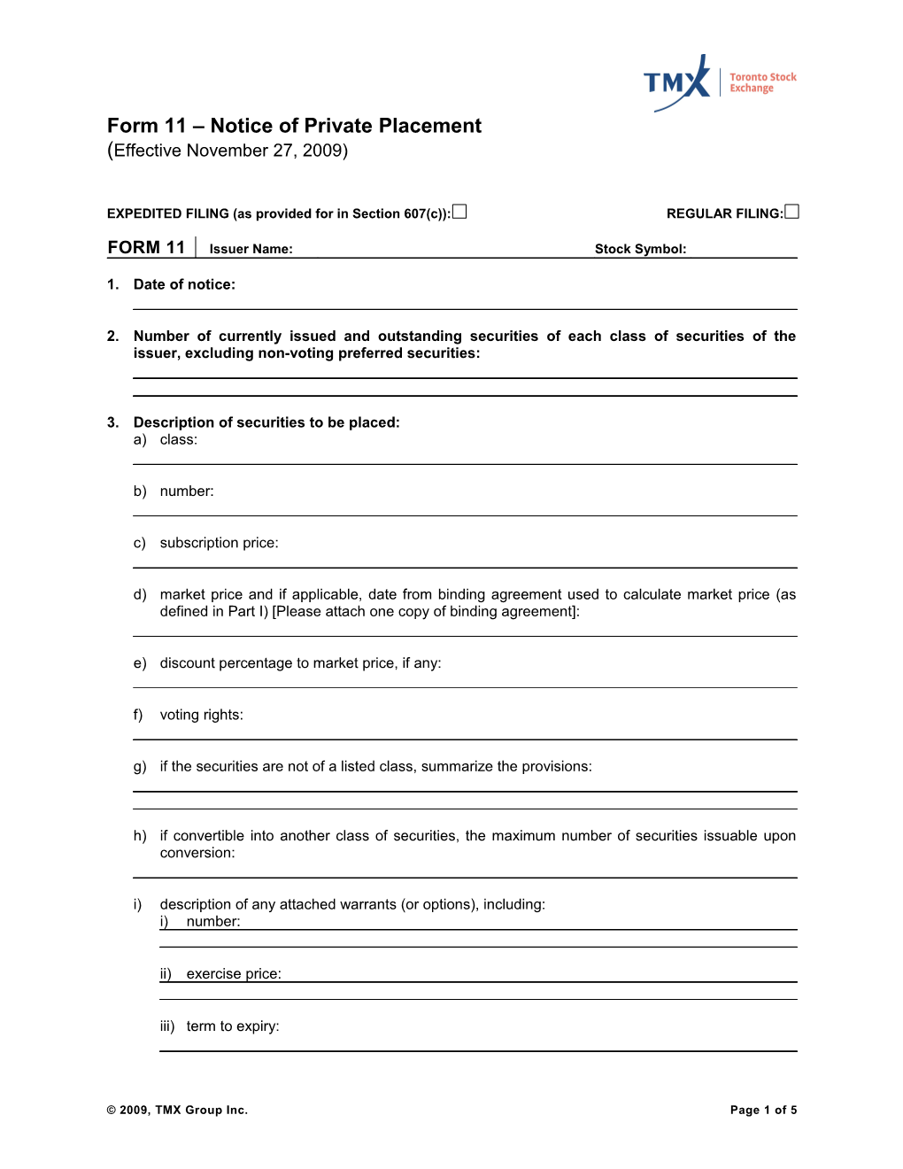 Toronto Stock Exchange - Appendix H - Reporting Form 11