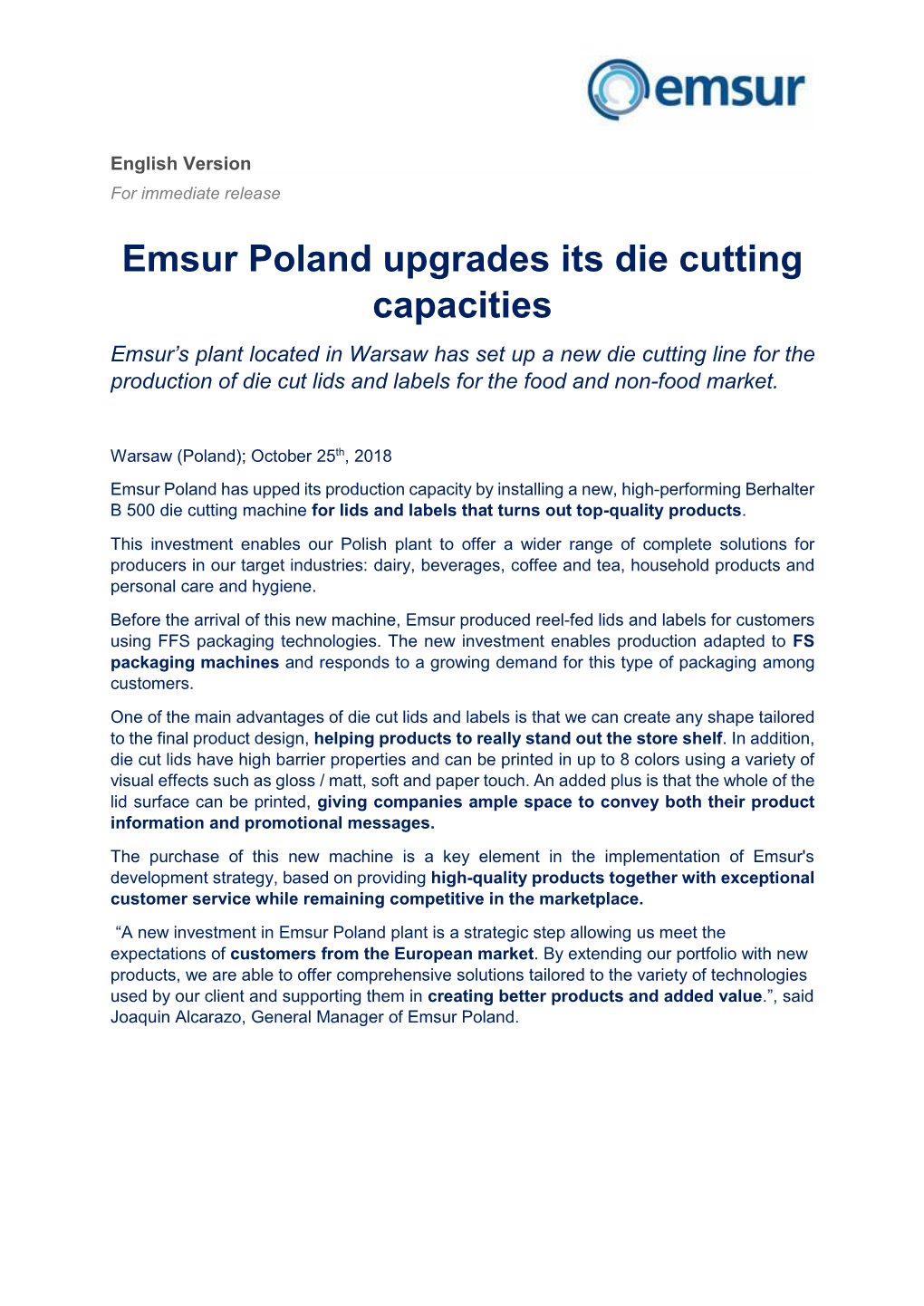 Emsur Poland Upgrades Its Die Cutting Capacities