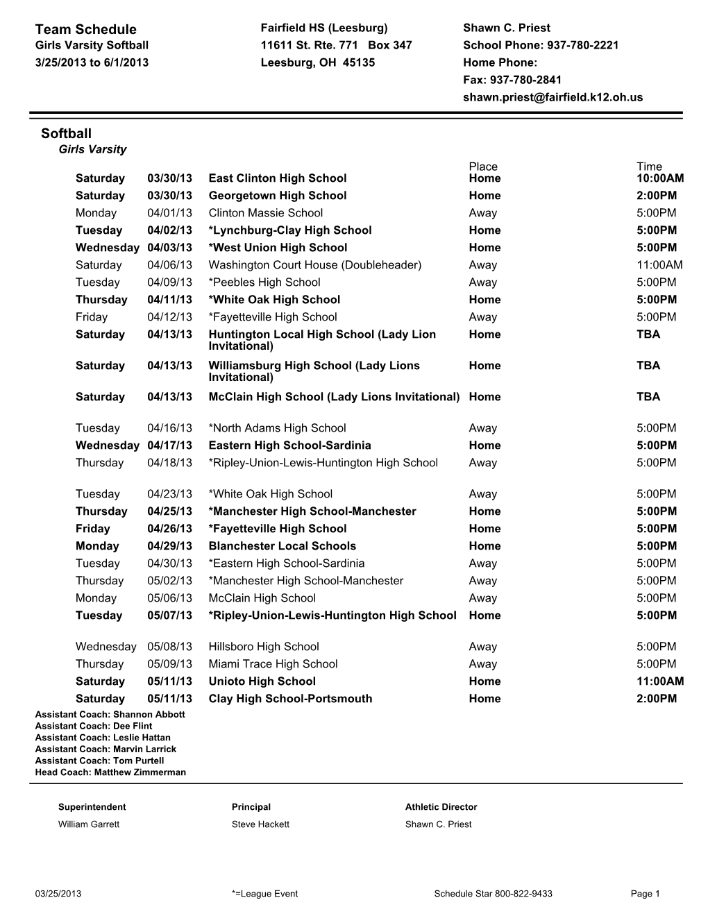 Team Schedule Softball