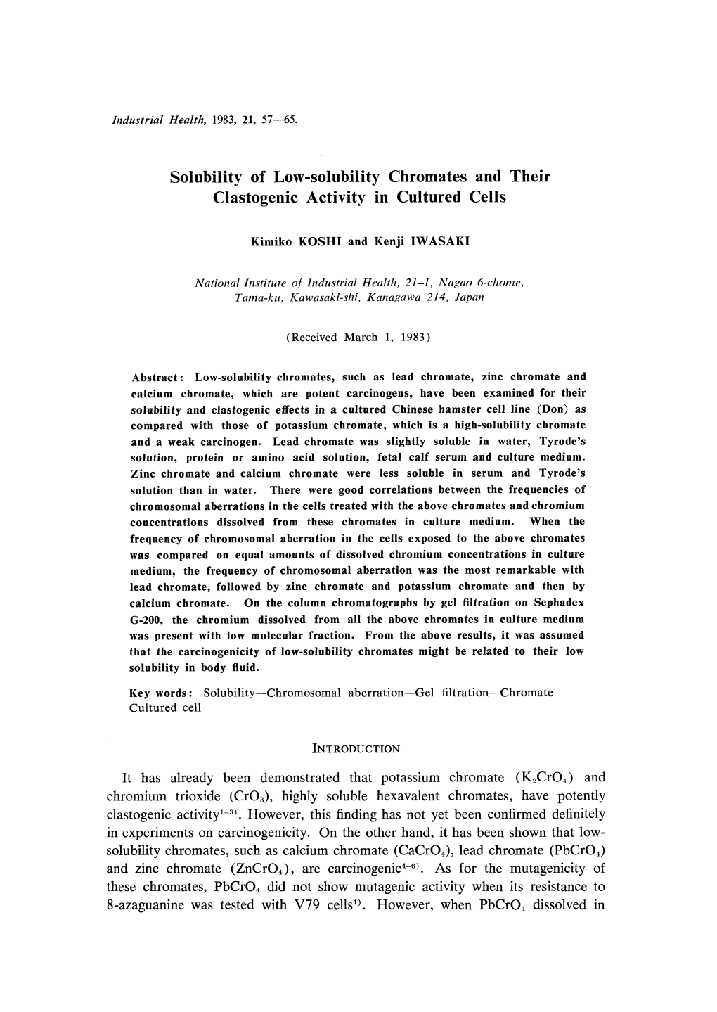 Solubility of Low-Solubility Chromates and Their Clastogenic Activity in Cultured Cells