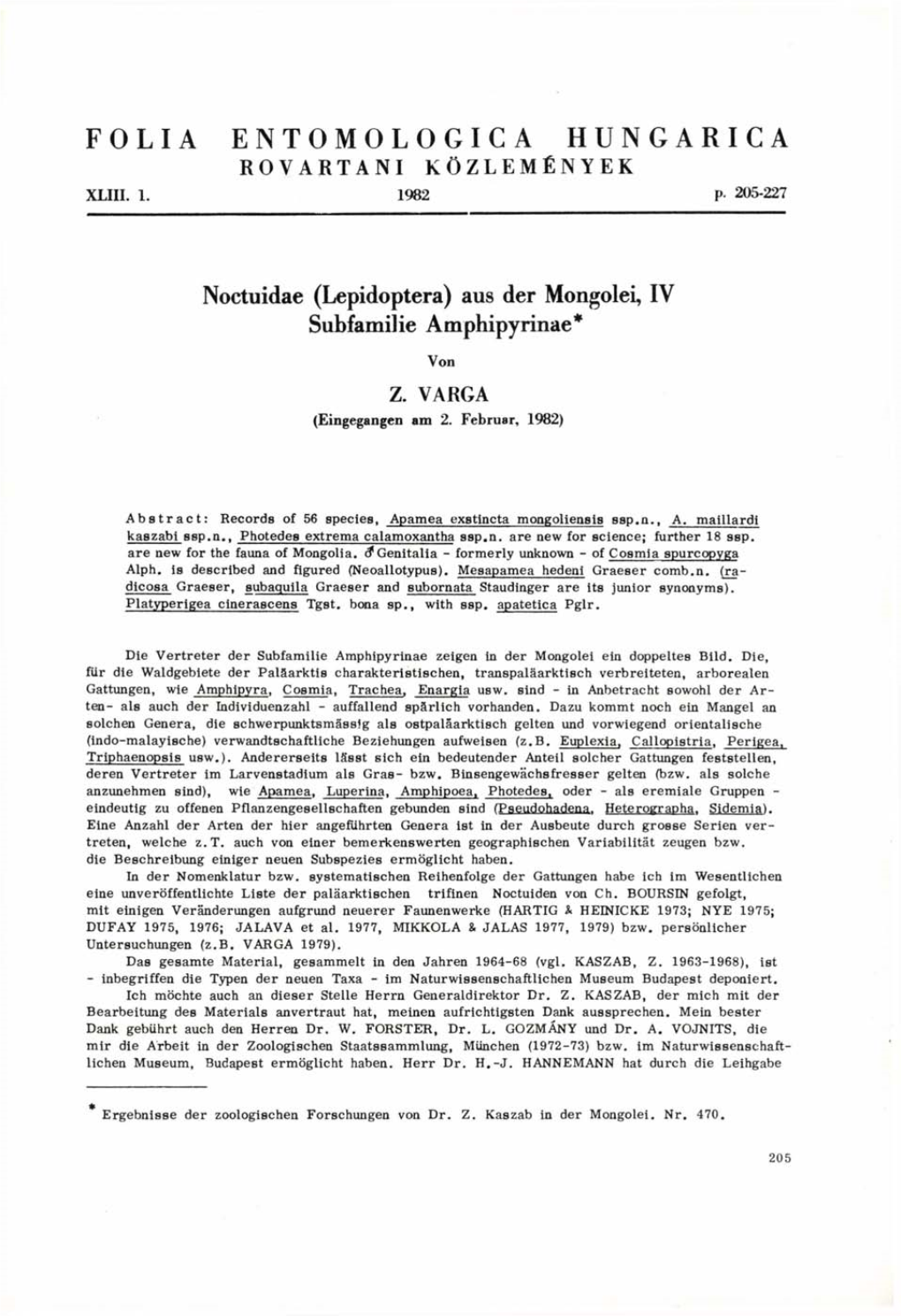Folia Entomologica Hungarica 43/1. (Budapest, 1982)