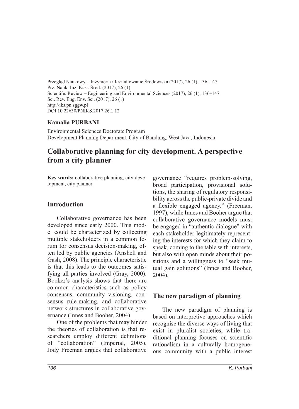 Collaborative Planning for City Development. a Perspective from a City Planner