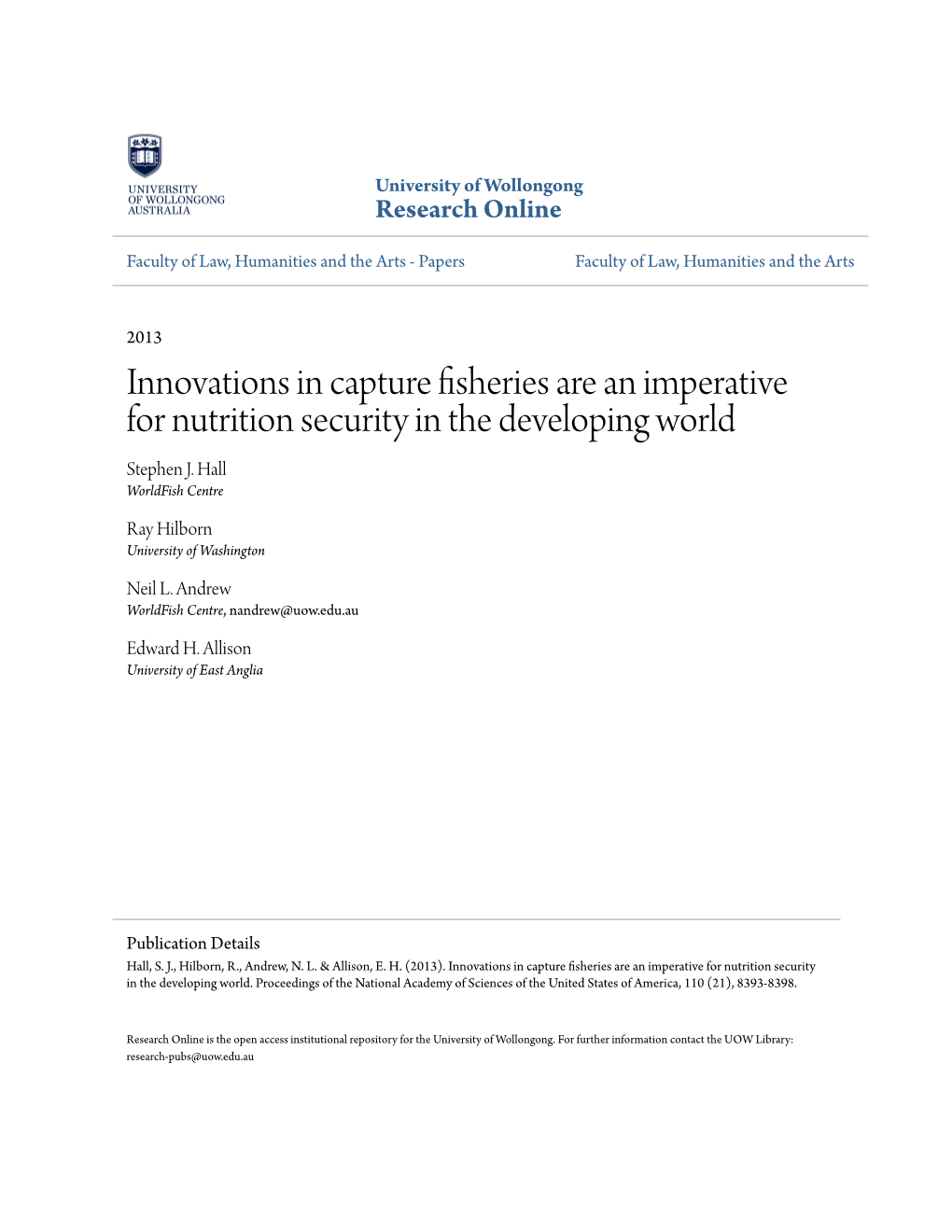 Innovations in Capture Fisheries Are an Imperative for Nutrition Security in the Developing World Stephen J