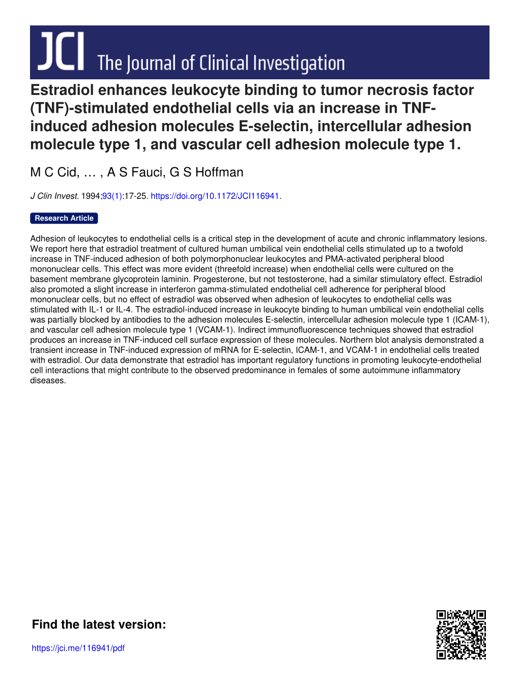 Estradiol Enhances Leukocyte Binding to Tumor Necrosis Factor (TNF