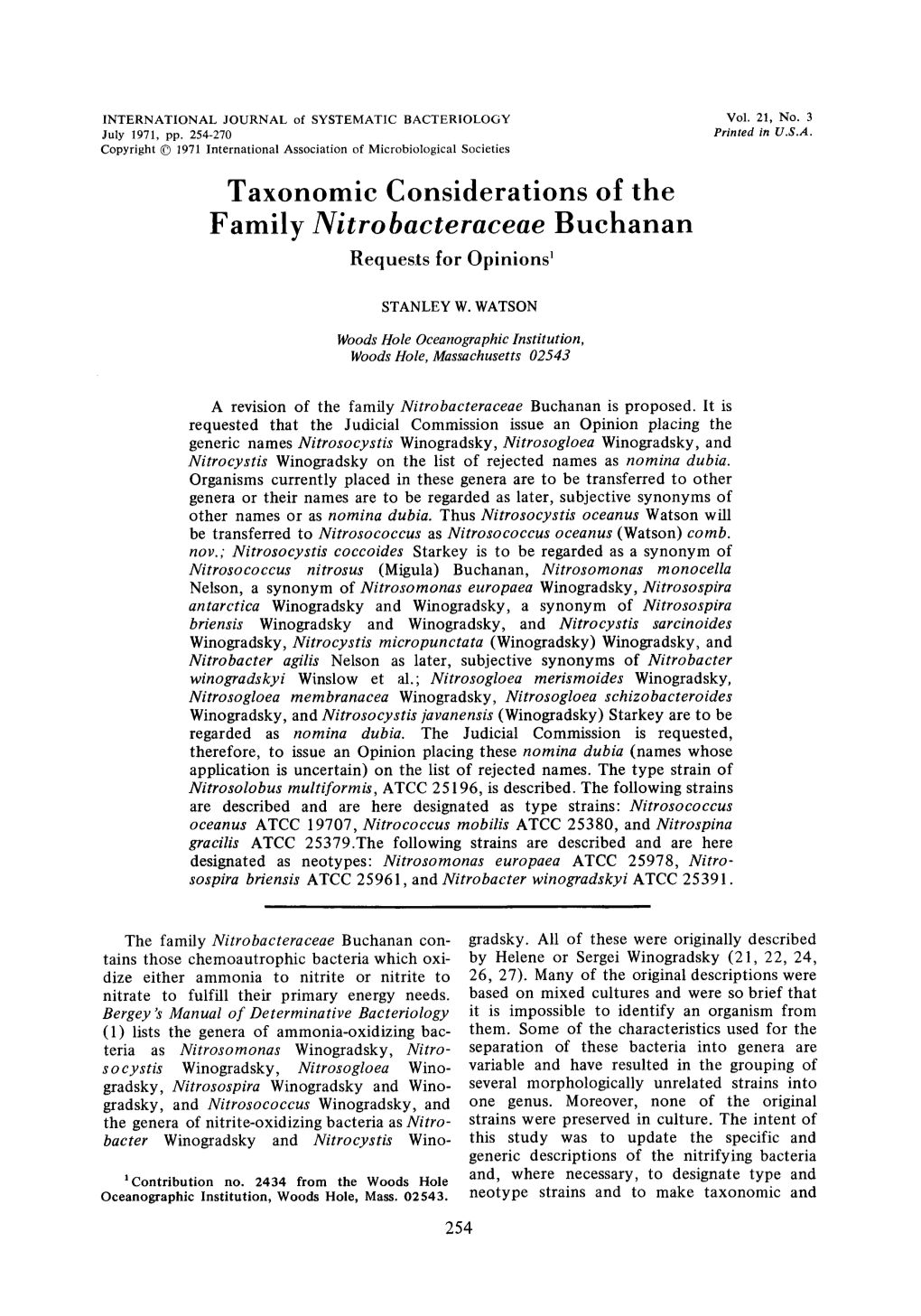 Family Nitro Bacteraceae Buchanan Requests for 0Pin I O Nsl