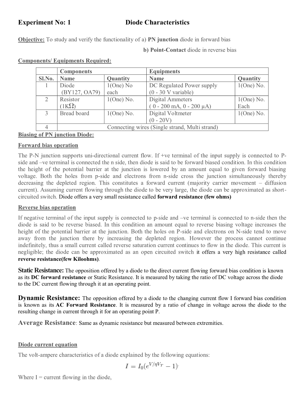 Experiment No: 1 Diode Characteristics