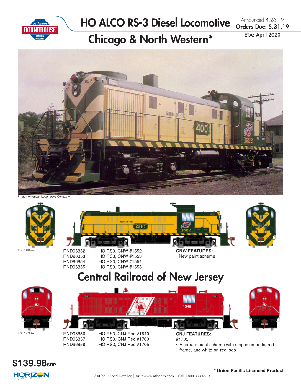 HO ALCO RS-3 Diesel Locomotive Announced 4.26.19 Chicago