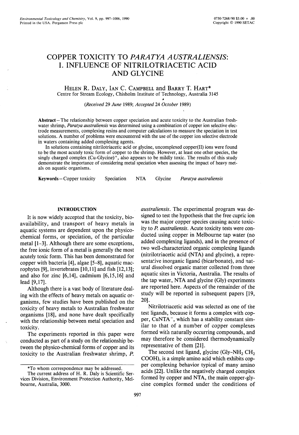 Copper Toxicity to Paratya Australiensis: I. Influence of Nitrilotriacetic Acid and Glycine