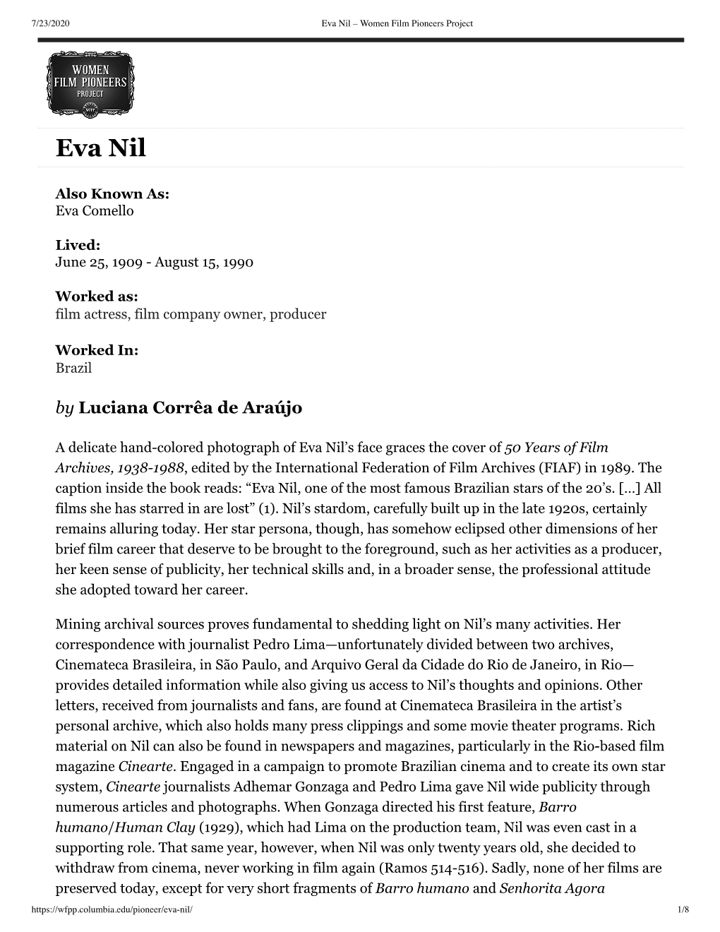 Eva Nil – Women Film Pioneers Project