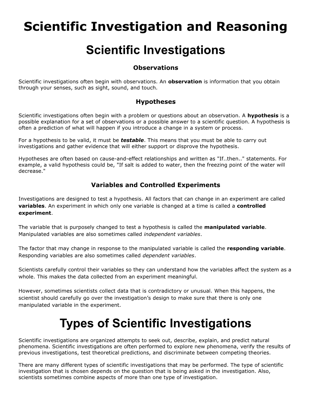 Scientific Investigation and Reasoning