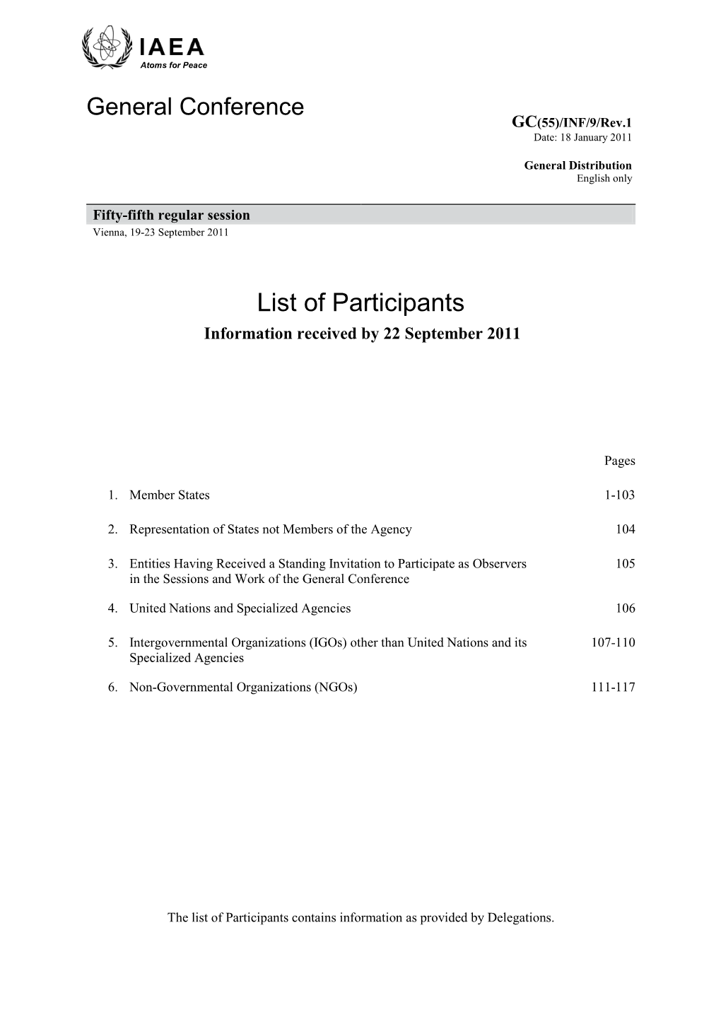 List of Participants Information Received by 22 September 2011