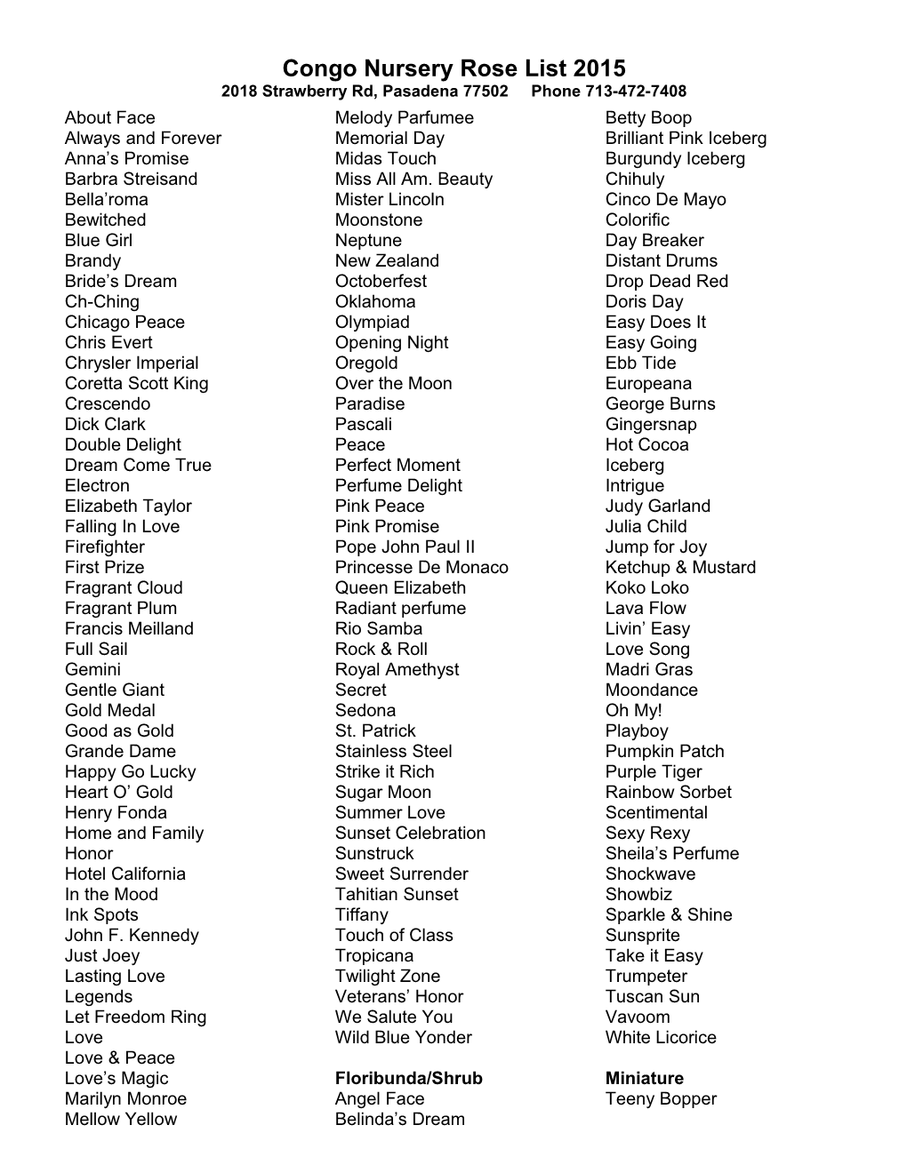 Congo Nursery Rose List 2015