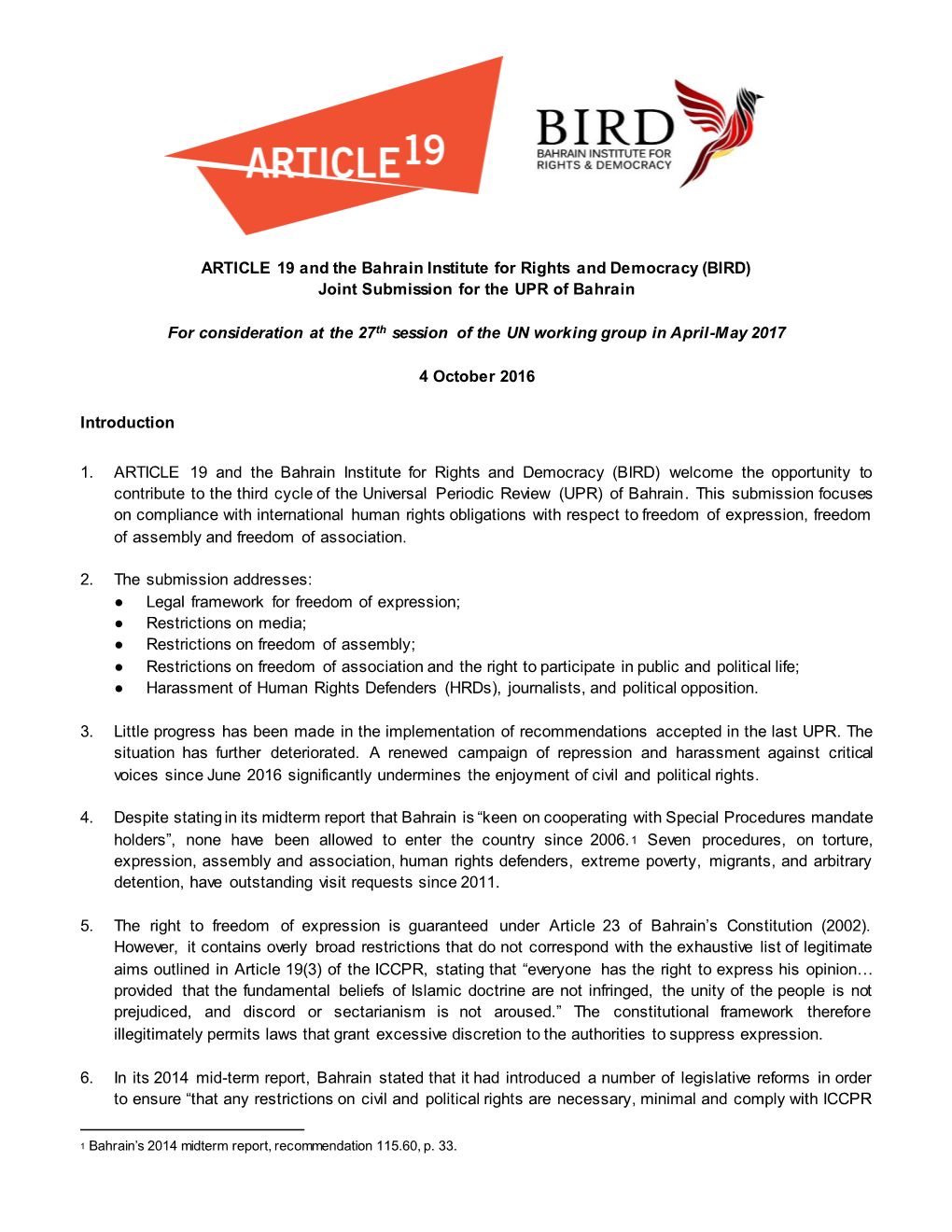 ARTICLE 19 and the Bahrain Institute for Rights and Democracy (BIRD) Joint Submission for the UPR of Bahrain