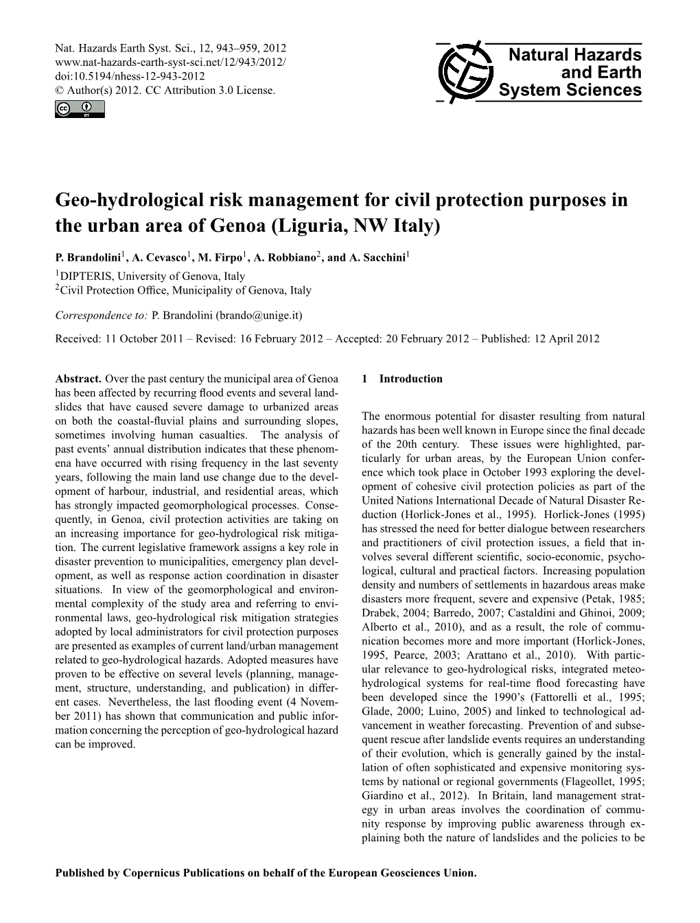 Geo-Hydrological Risk Management for Civil Protection Purposes in the Urban Area of Genoa (Liguria, NW Italy)