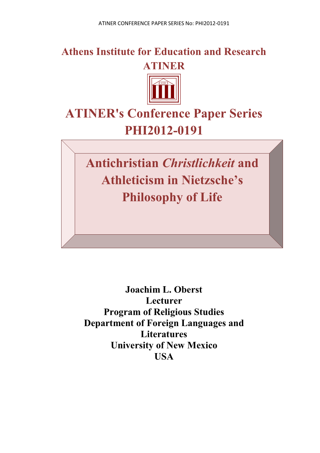 ATINER's Conference Paper Series PHI2012-0191 Antichristian