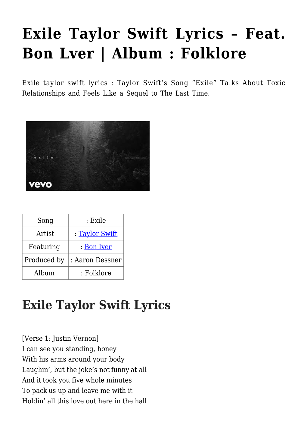 Exile Taylor Swift Lyrics &#8211; Feat. Bon Lver | Album : Folklore