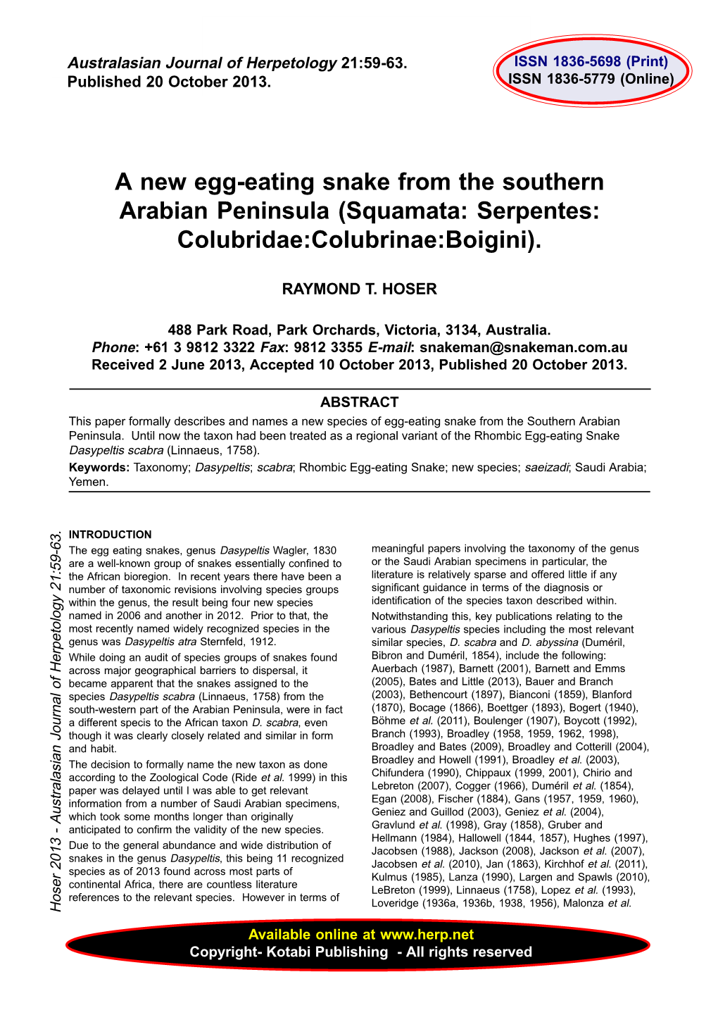 A New Egg-Eating Snake from the Southern Arabian Peninsula (Squamata: Serpentes: Colubridae:Colubrinae:Boigini)