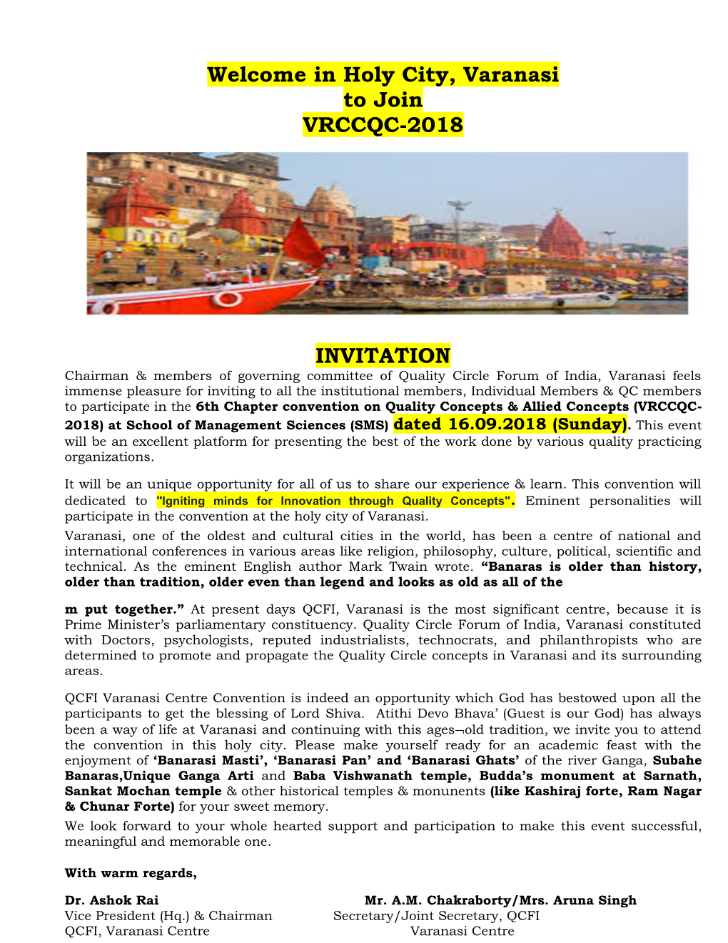 In Holy City, Varanasi to Join VRCCQC-2018 INVITATION