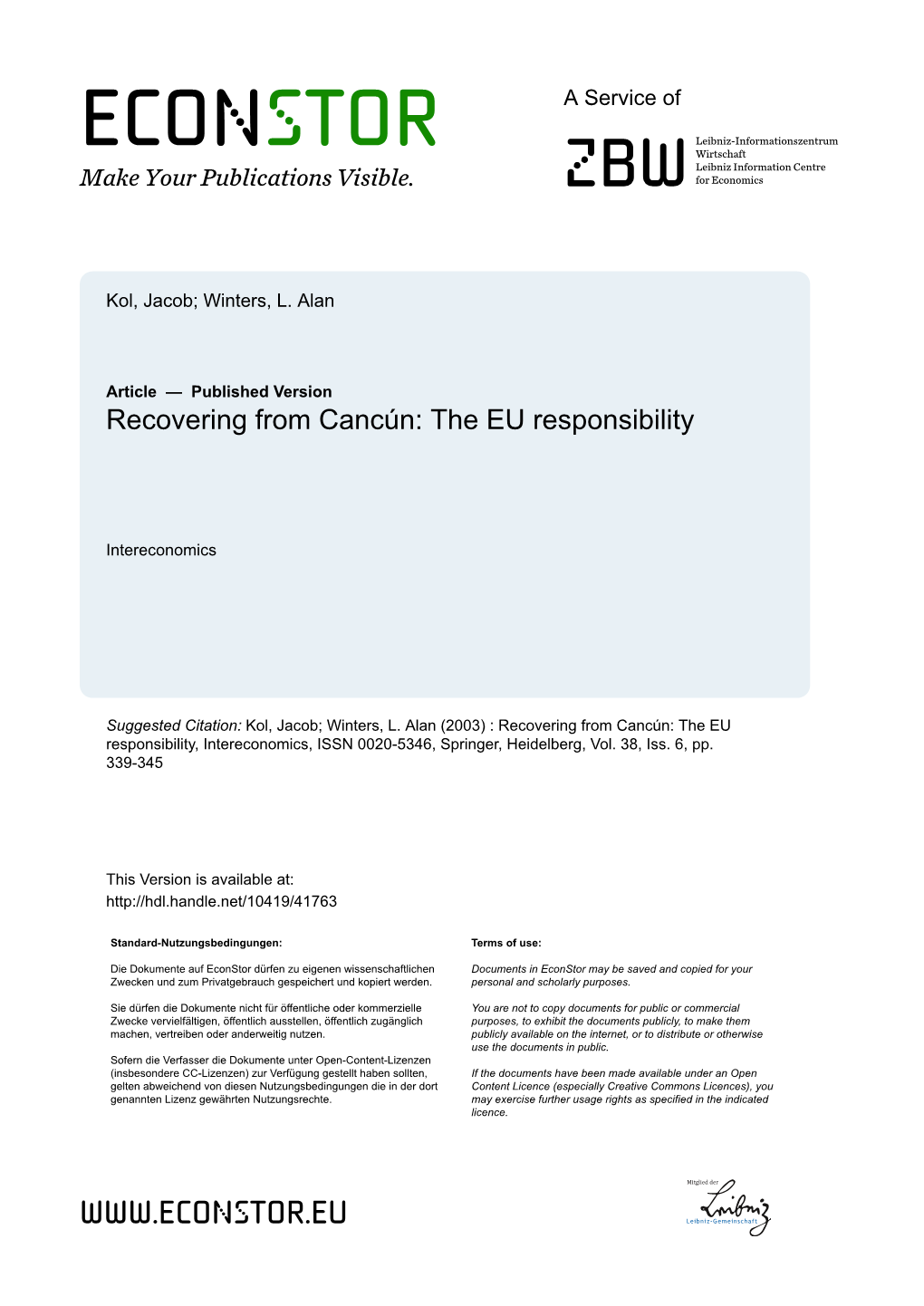 Recovering from Cancún: the EU Responsibility