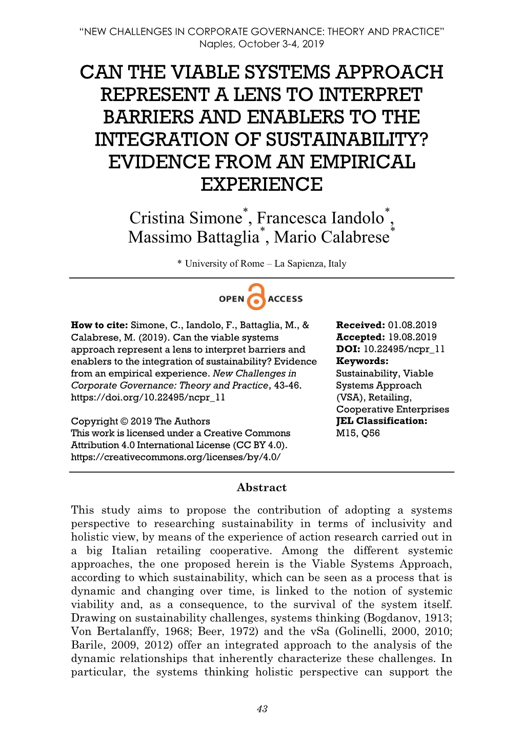 Can the Viable Systems Approach Represent a Lens to Interpret Barriers and Enablers to the Integration of Sustainability? Evidence from an Empirical Experience