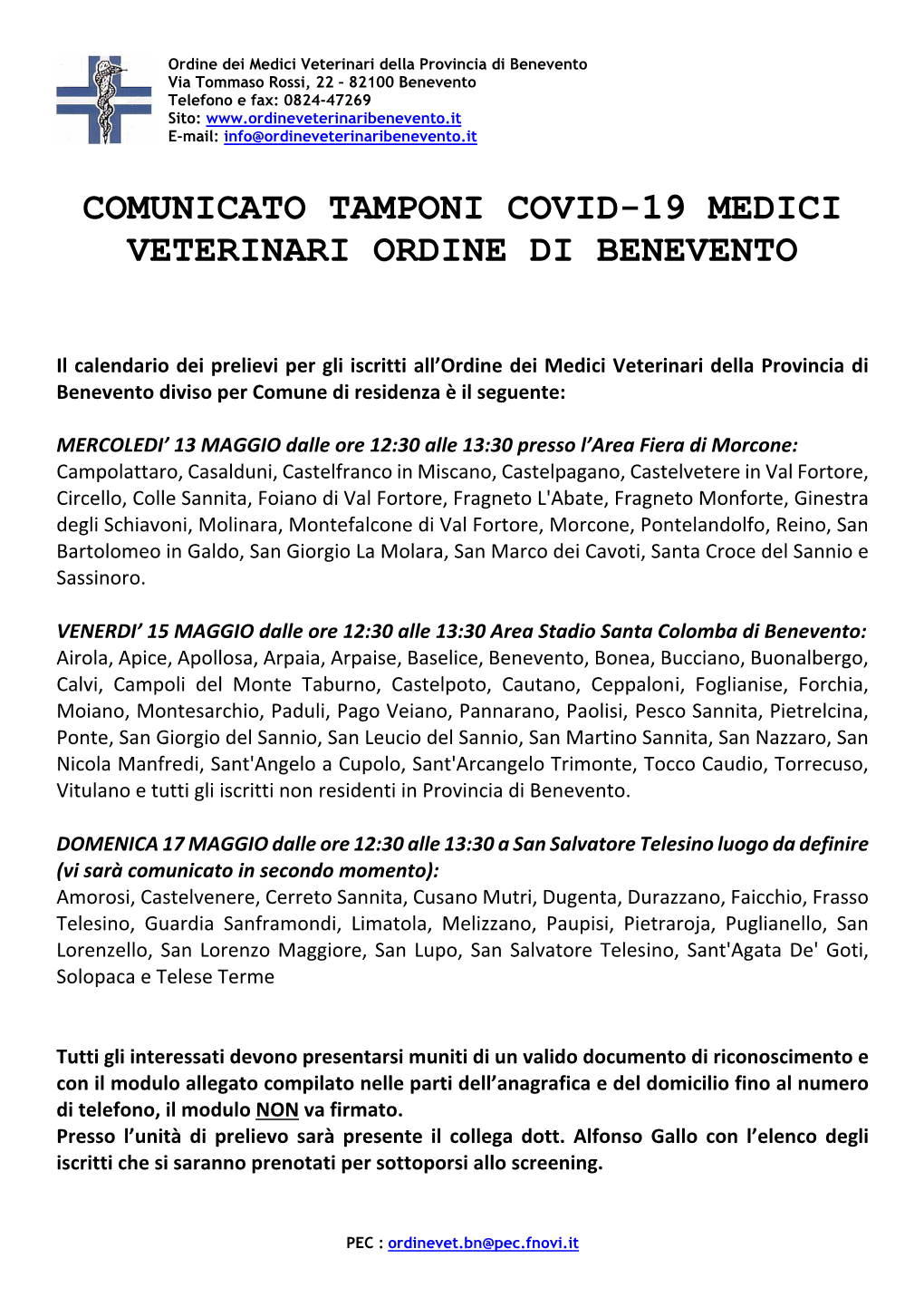Comunicato Tamponi Covid-19 Medici Veterinari Ordine Di Benevento