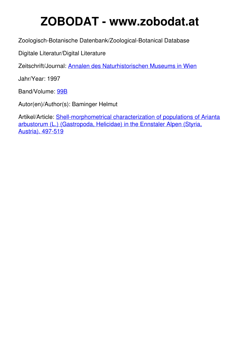 Shell-Morphometrical Characterization of Populations of Arianta Arbustorum (L.) (Gastropoda, Helicidae) in the Ennstaler Alpen (Styria, Austria)